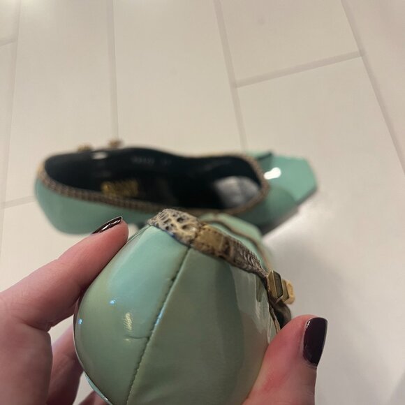 Gianni Versace Open Toe Pale Green Patent Leather Heels with Snakeskin Trim 5.5 - Picture 9 of 10